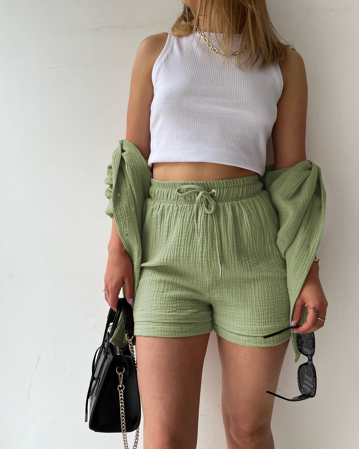 Textured Shirt + Drawstring Shorts 2-Piece Set