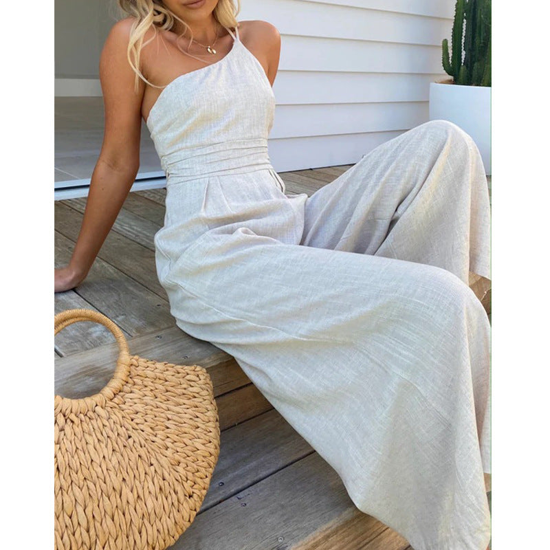 Asymmetric Thin Straps One-shoulder Wide Leg Jumpsuit