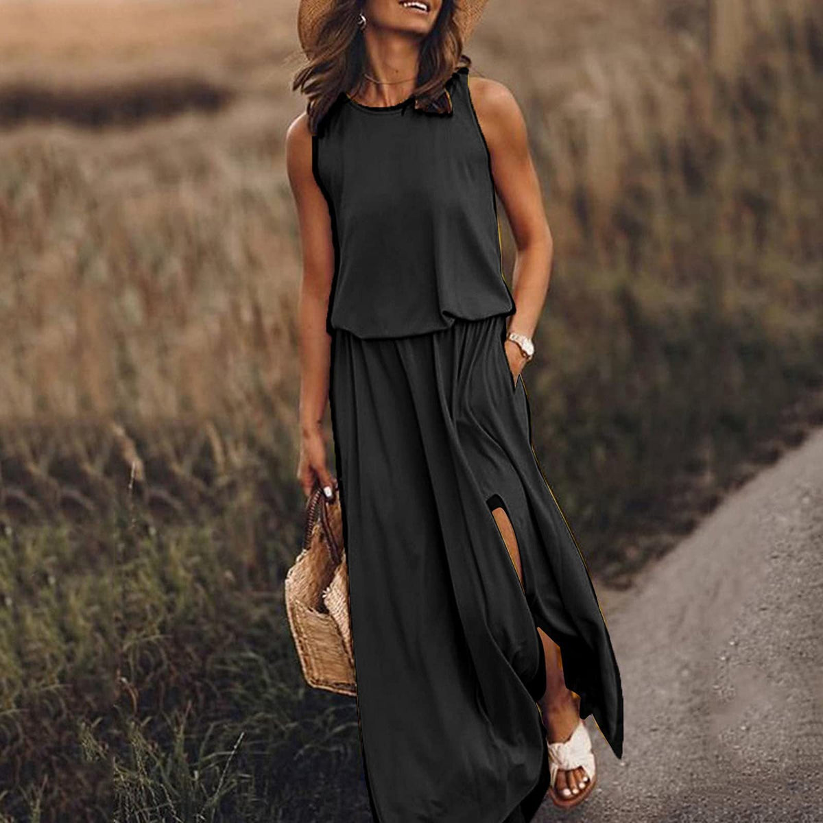 Round Neck Sleeveless Slit Dress