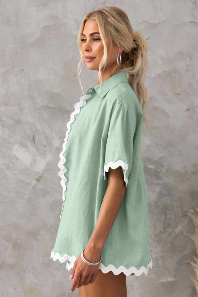 Wave Pattern Solid Shirt Top + Shorts Set