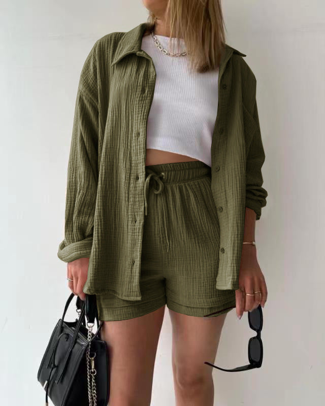 Textured Shirt + Drawstring Shorts 2-Piece Set