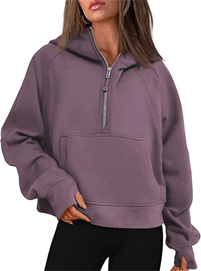 Half Zip Hooded Fleece Short Sweatshirt