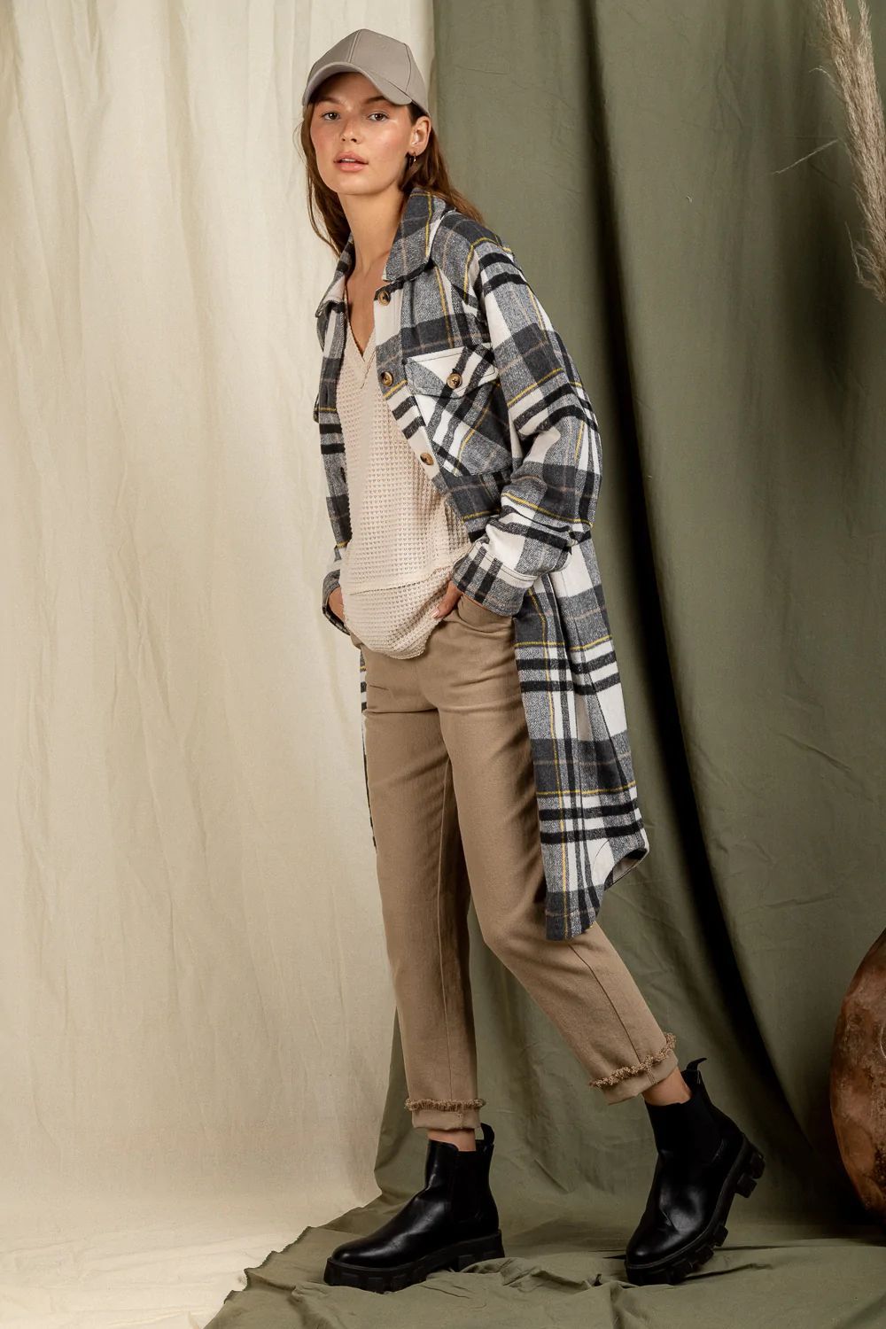 Checkered Lapel Pocket Long Coat