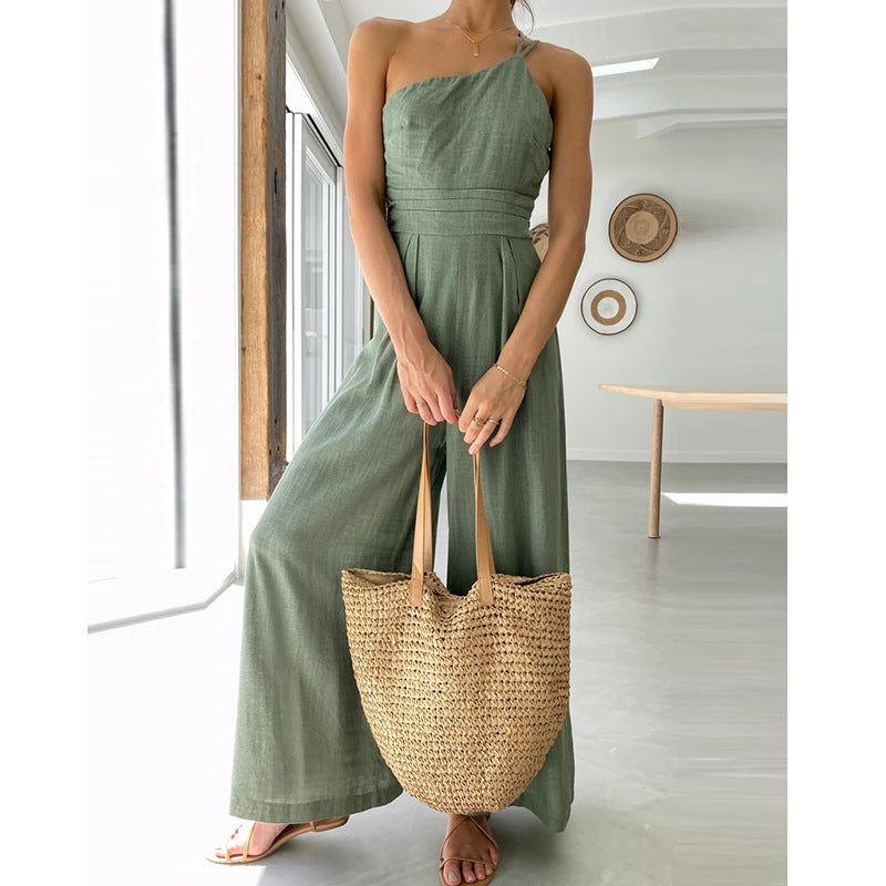 Asymmetric Thin Straps One-shoulder Wide Leg Jumpsuit