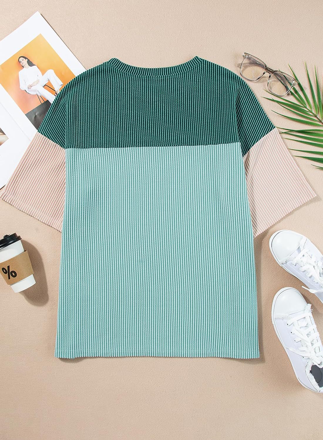 Ribbed Crew Neck Colorblock Top