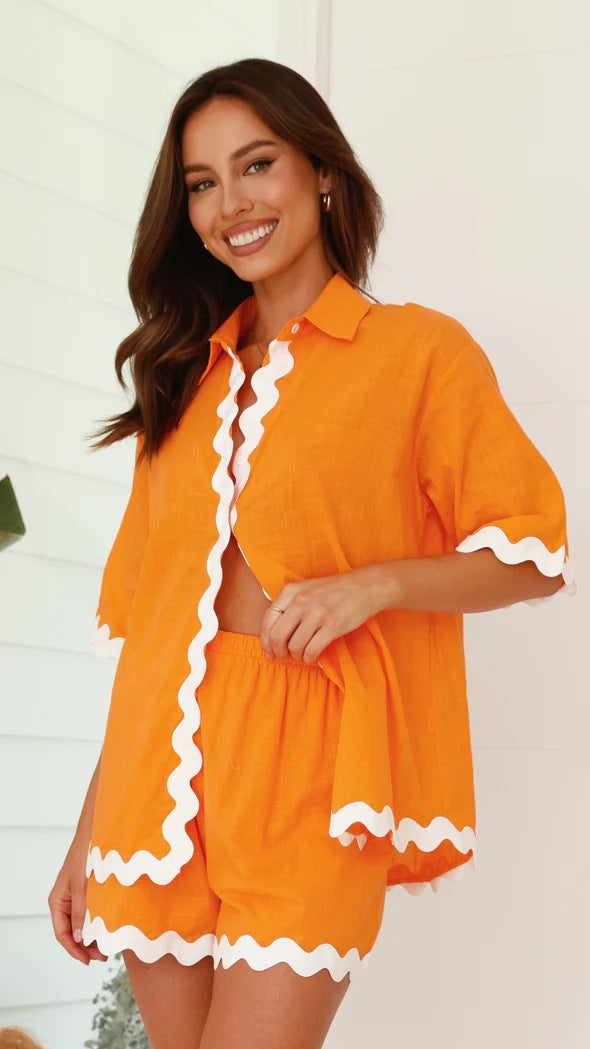 Wave Pattern Solid Shirt Top + Shorts Set