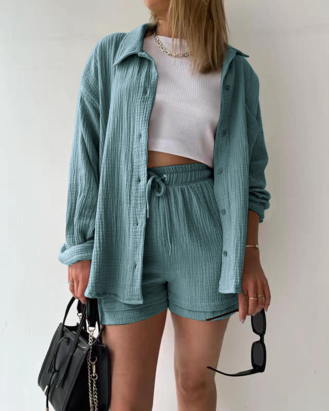 Textured Shirt + Drawstring Shorts 2-Piece Set