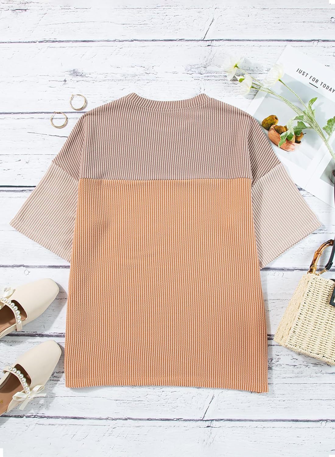 Ribbed Crew Neck Colorblock Top