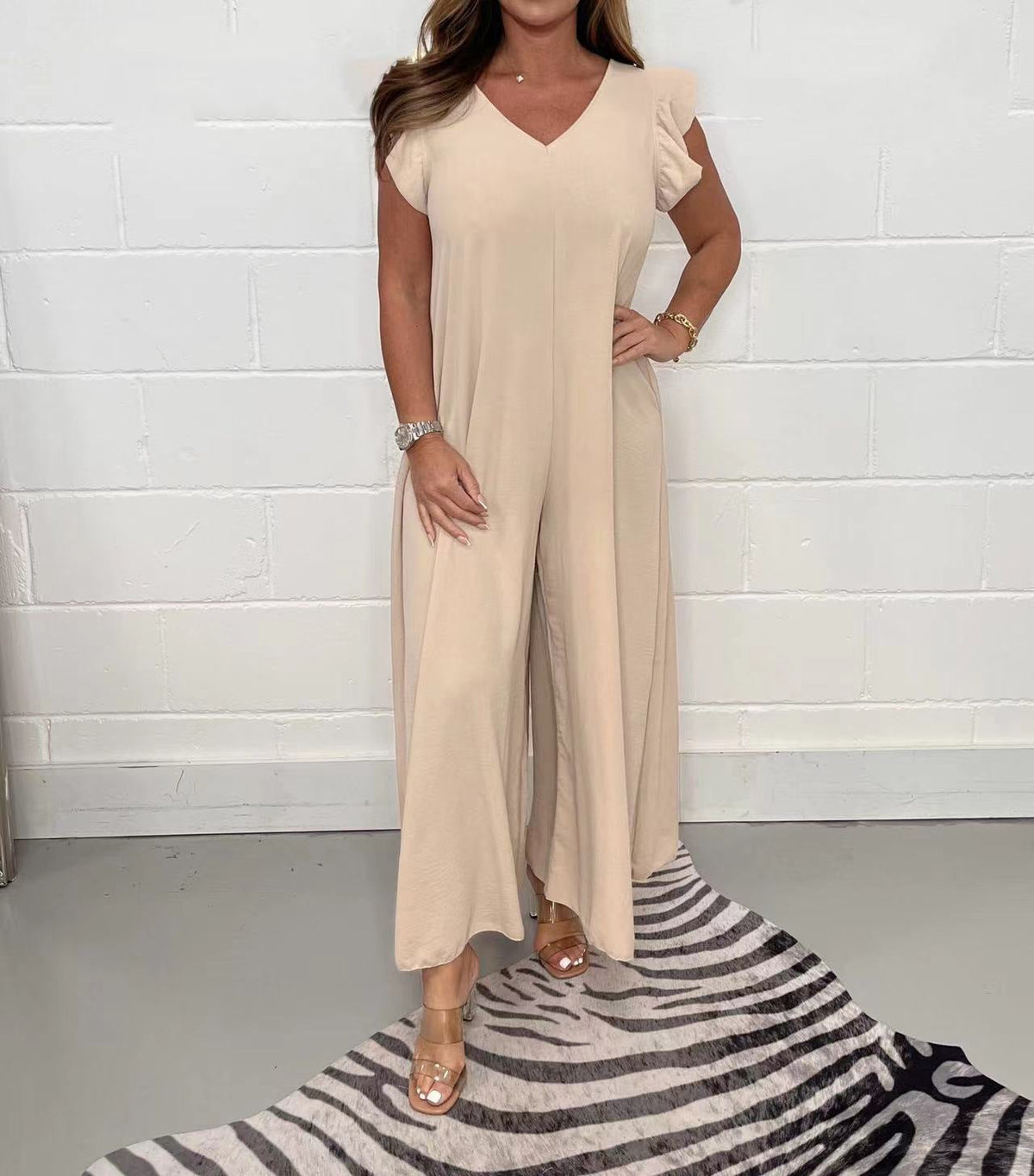 V-neck Ruffle Sleeve Wide-leg Jumpsuit