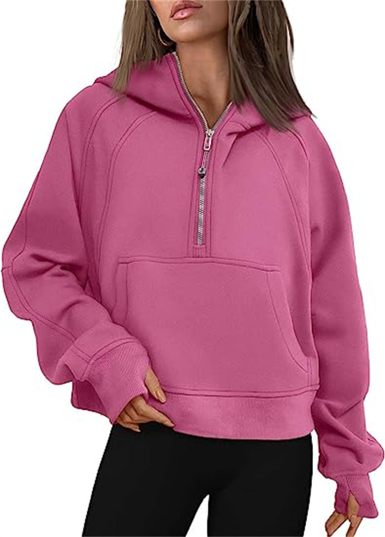 Half Zip Hooded Fleece Short Sweatshirt