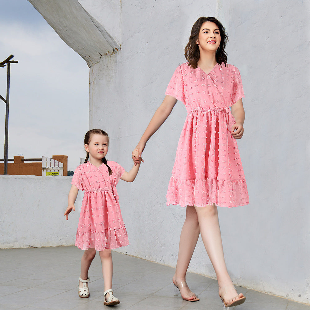 Polka Dot Floral V-neck Parent&child Dress