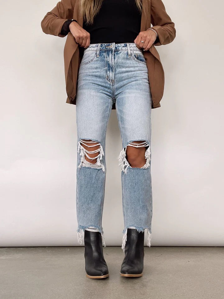 High Waist Ripped Straight Leg Jeans