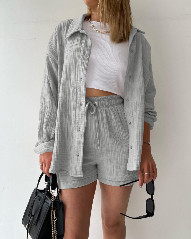 Textured Shirt + Drawstring Shorts 2-Piece Set