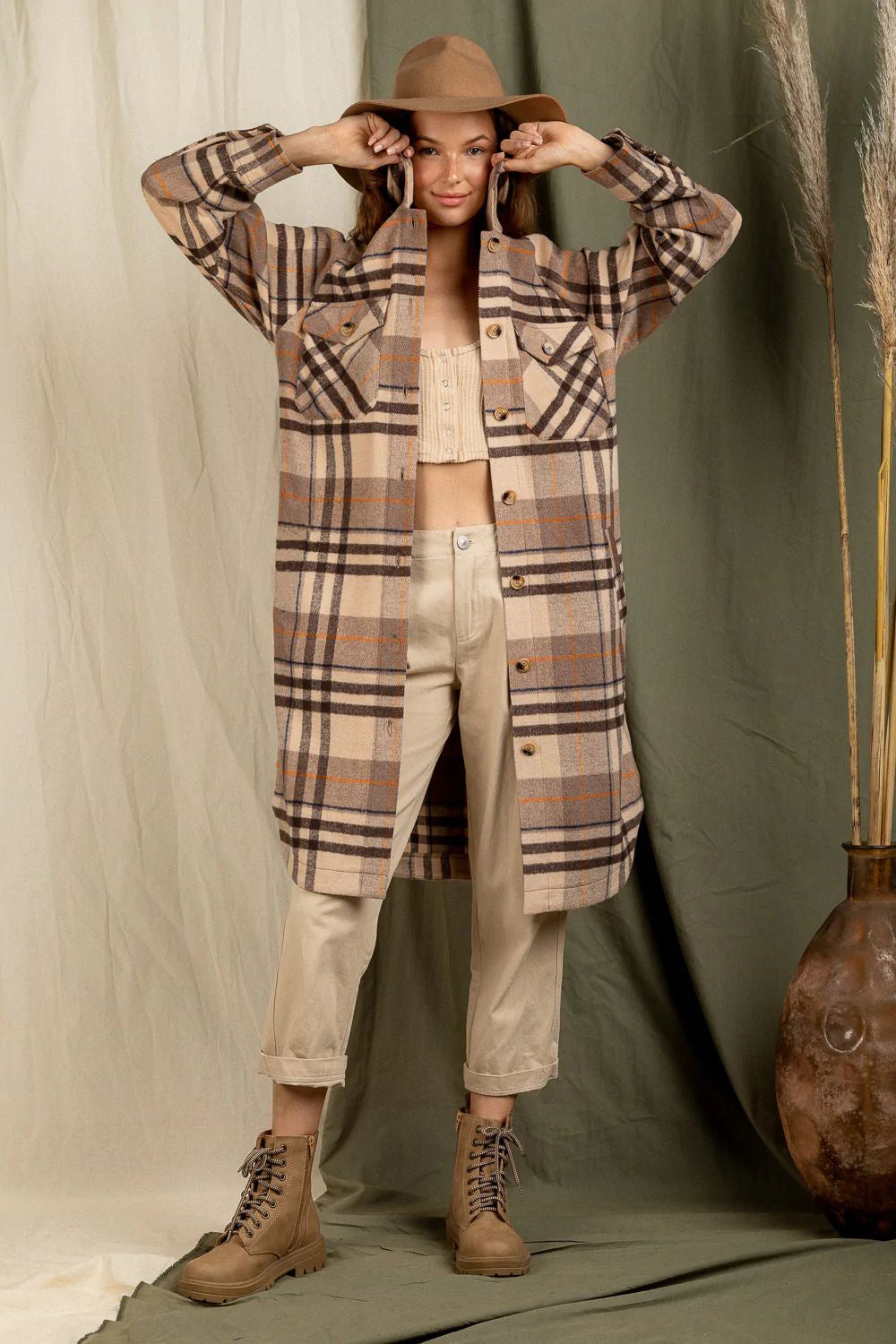 Checkered Lapel Pocket Long Coat