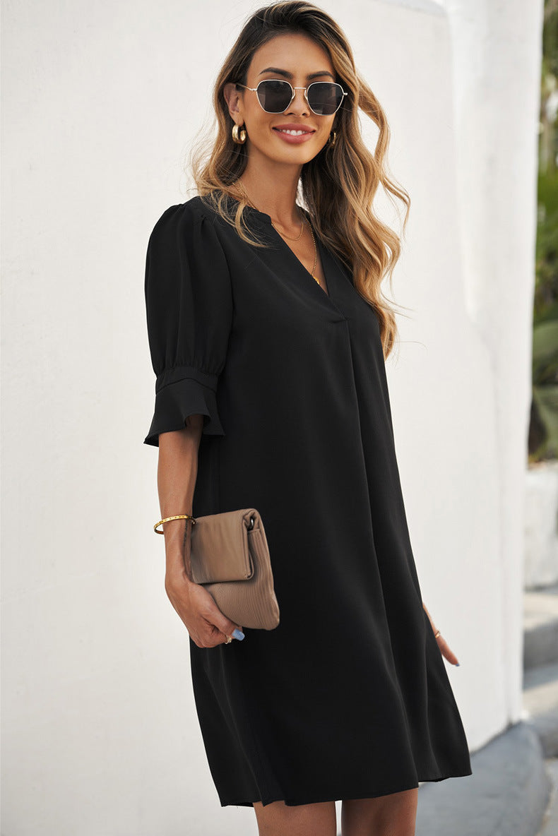 Notched Neck Flounce Sleeve Tunic Dress