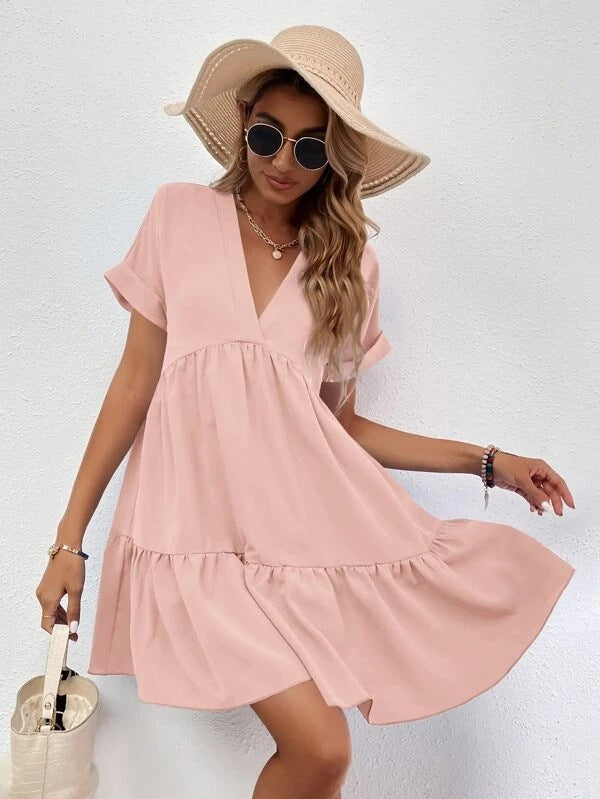 Solid V-neck Mini Dress