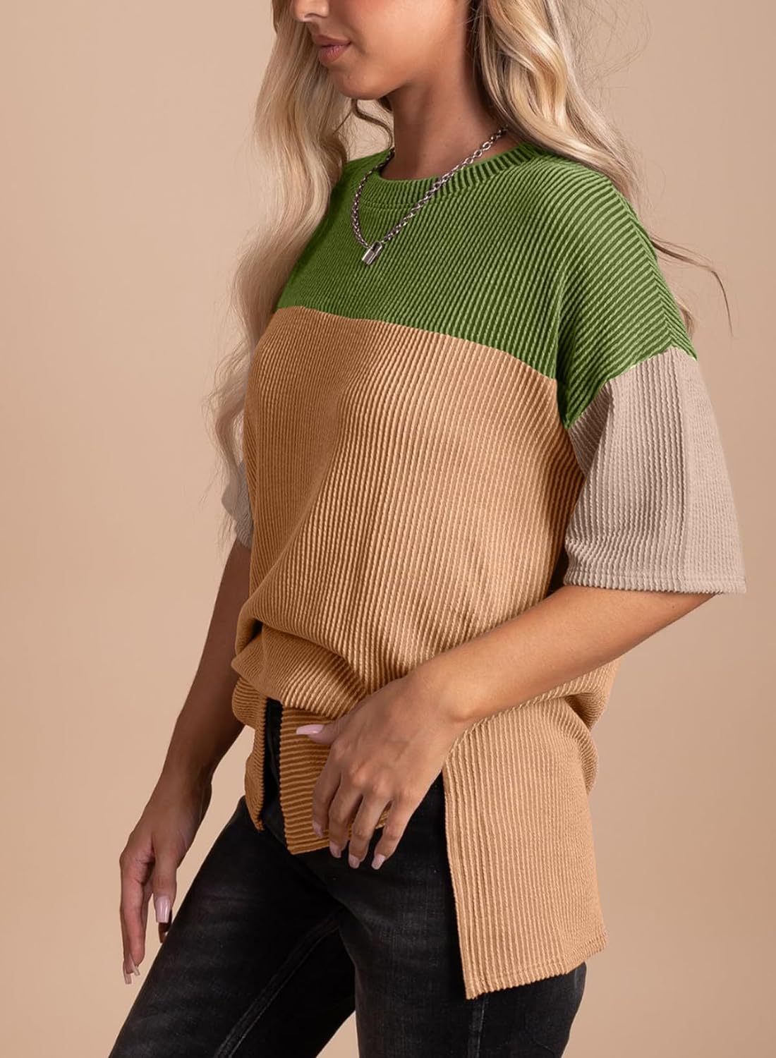 Ribbed Crew Neck Colorblock Top