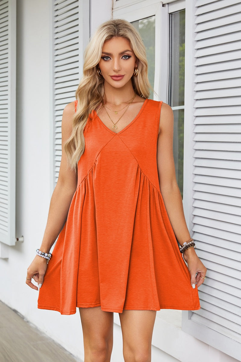 V-neck Sleeveless Pleated Pocket Dress