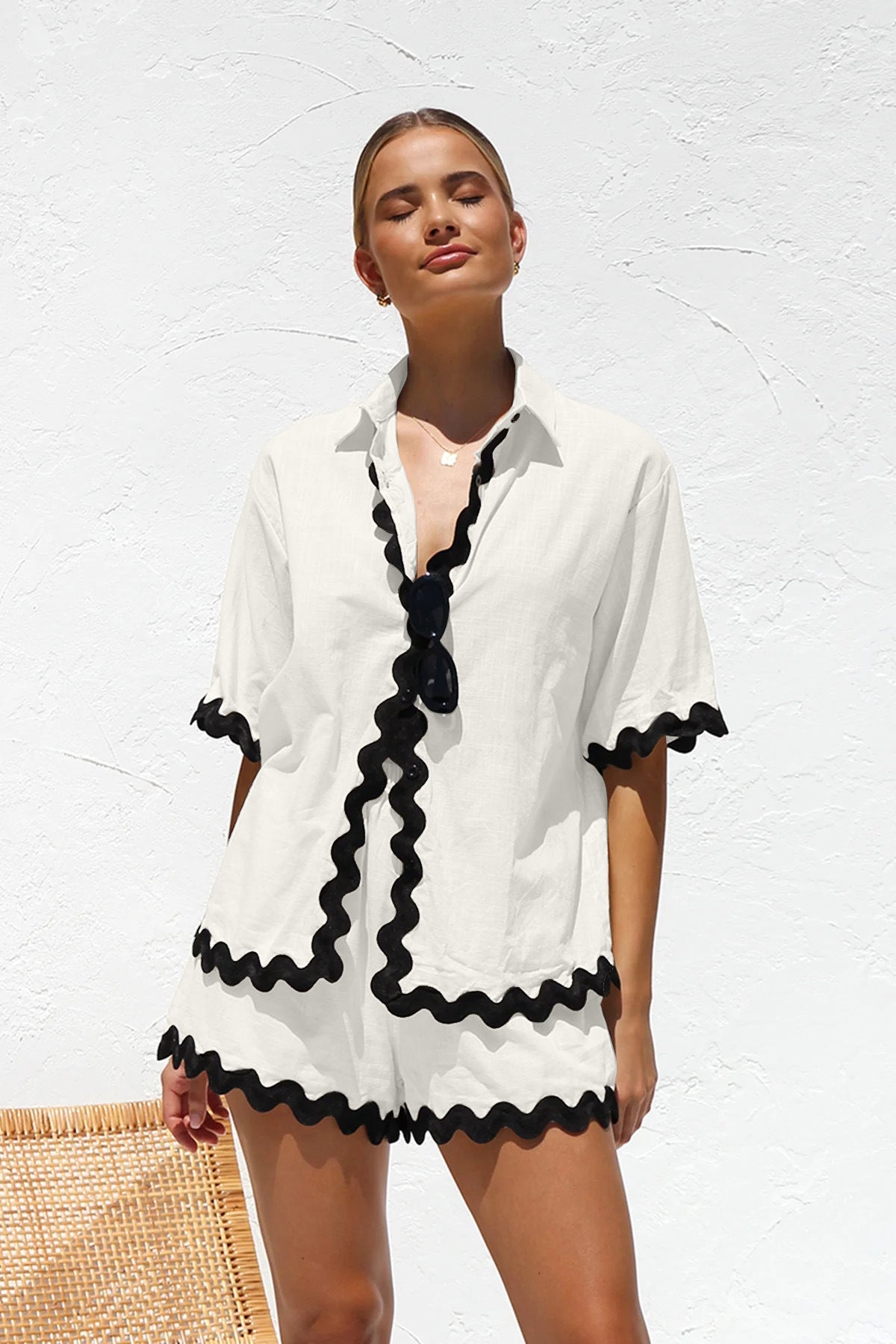 Wave Pattern Solid Shirt Top + Shorts Set