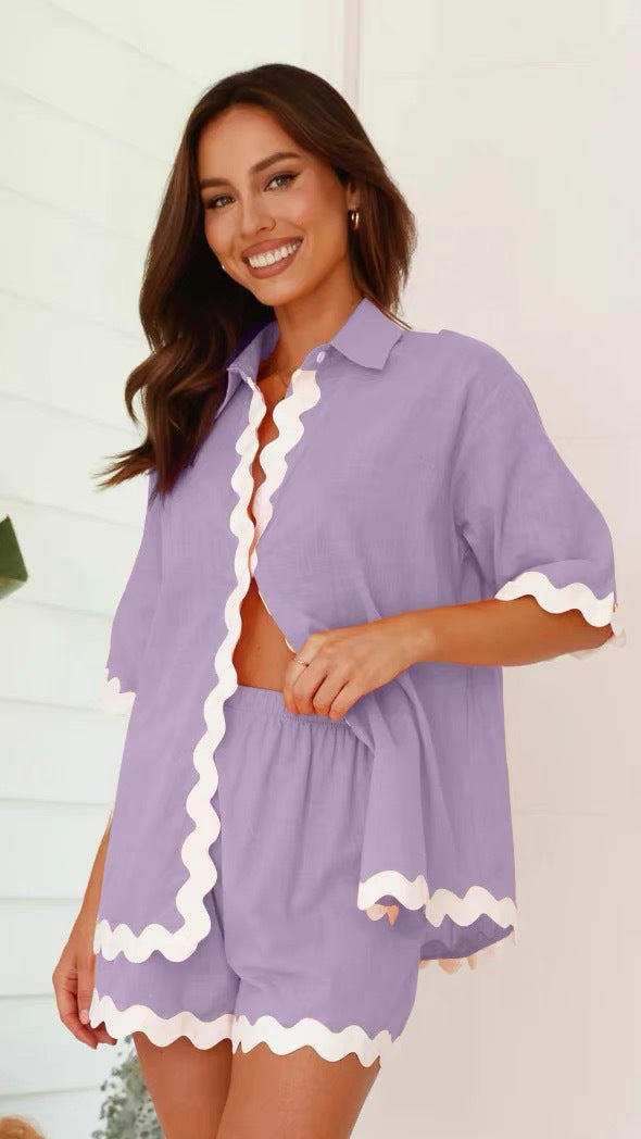 Wave Pattern Solid Shirt Top + Shorts Set