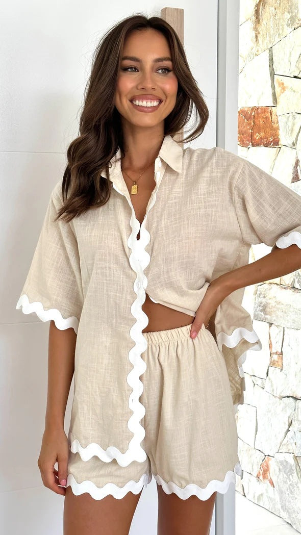 Wave Pattern Solid Shirt Top + Shorts Set