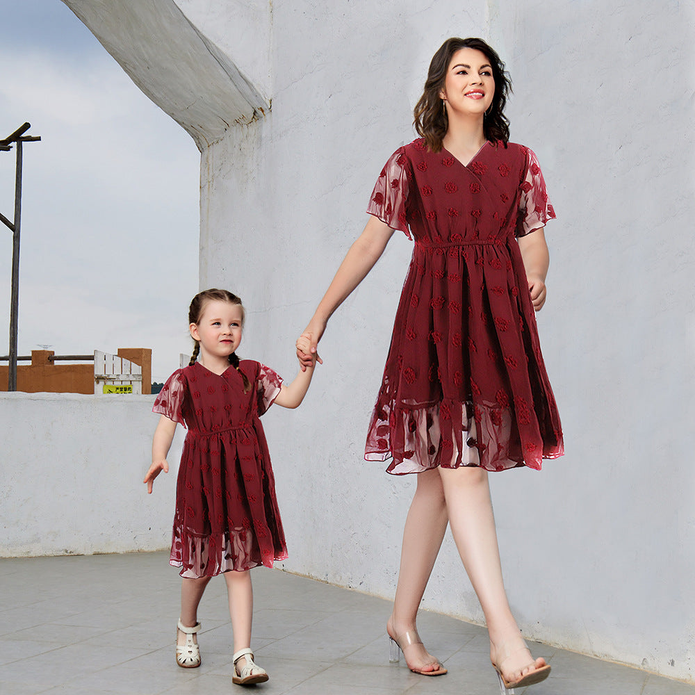 Polka Dot Floral V-neck Parent&child Dress