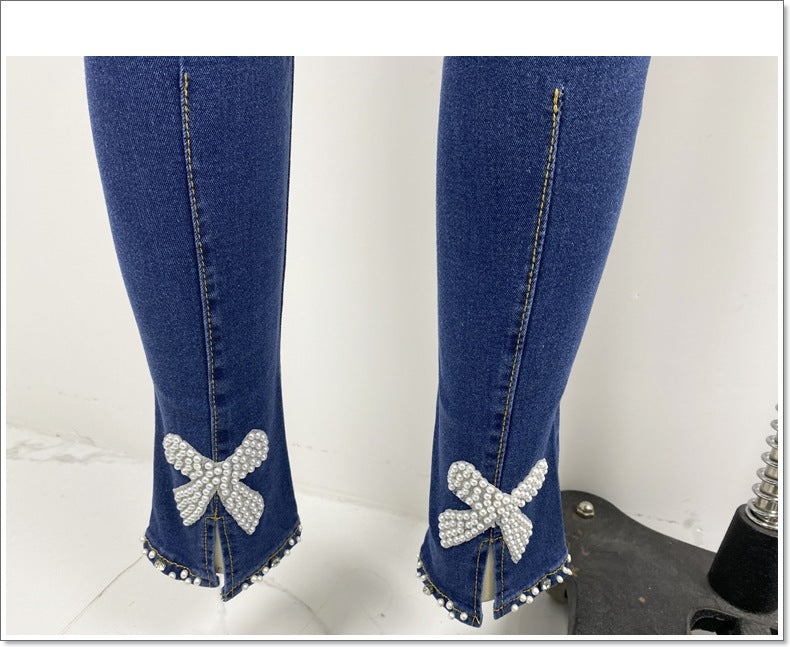 Bow Beaded Mid-Rise Skinny Jeans