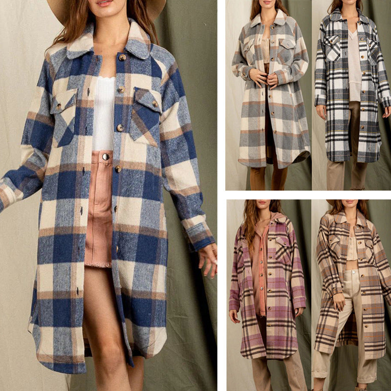 Checkered Lapel Pocket Long Coat