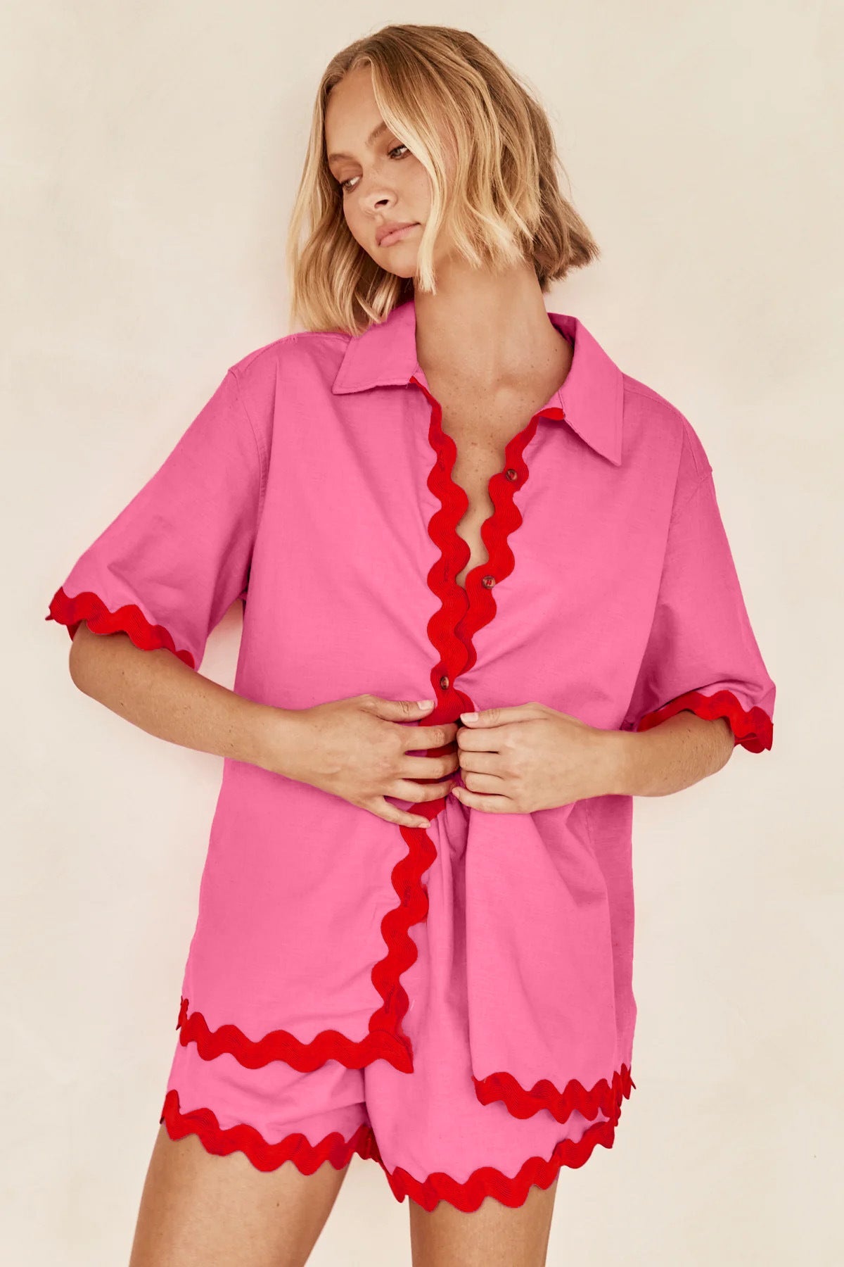 Wave Pattern Solid Shirt Top + Shorts Set