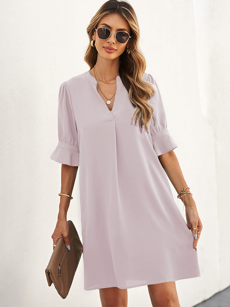 Notched Neck Flounce Sleeve Tunic Dress