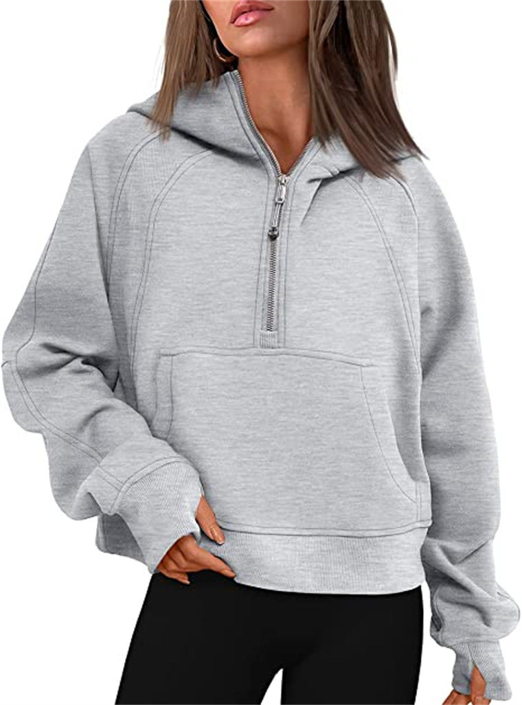 Half Zip Hooded Fleece Short Sweatshirt