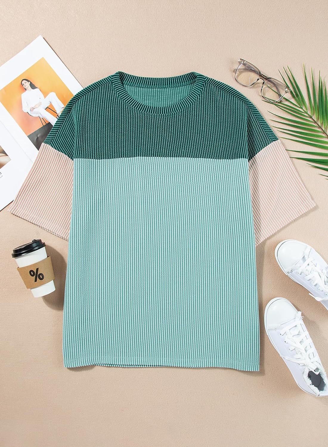 Ribbed Crew Neck Colorblock Top