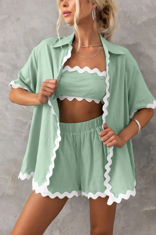 Wave Pattern Solid Shirt Top + Shorts Set