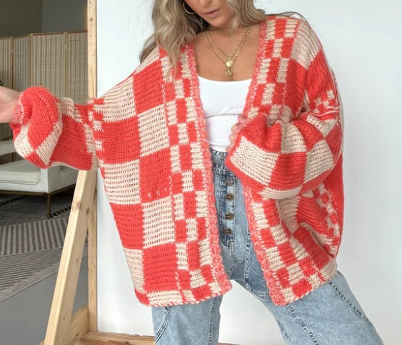 Plaid Open Front Oversize Cardigan