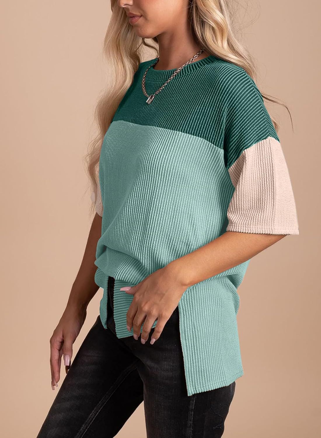 Ribbed Crew Neck Colorblock Top