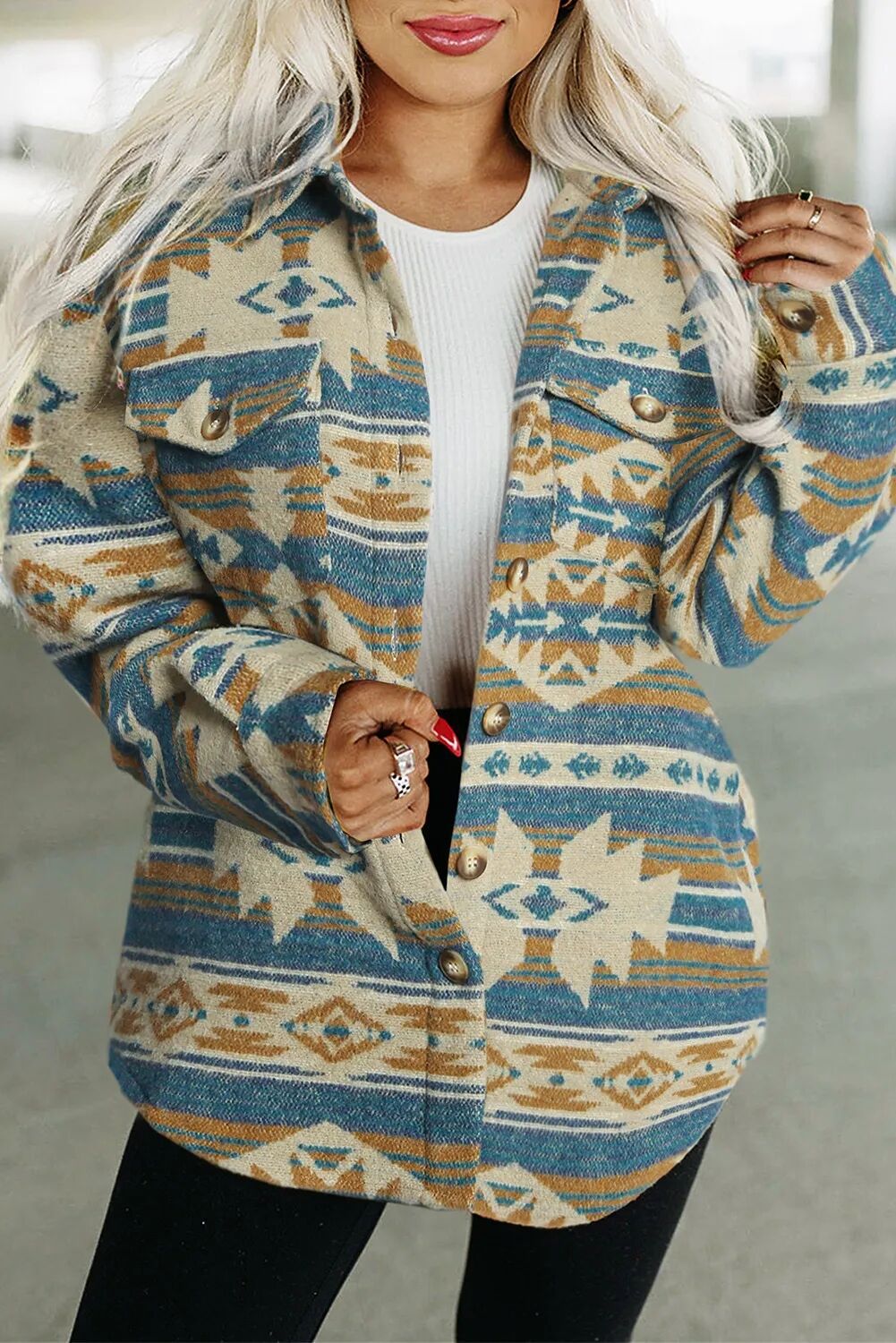 Western Aztec Print Button Flap Pocket Shacket