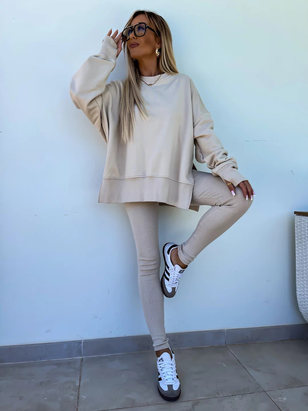 Solid Sweatshirt + Leggings Set