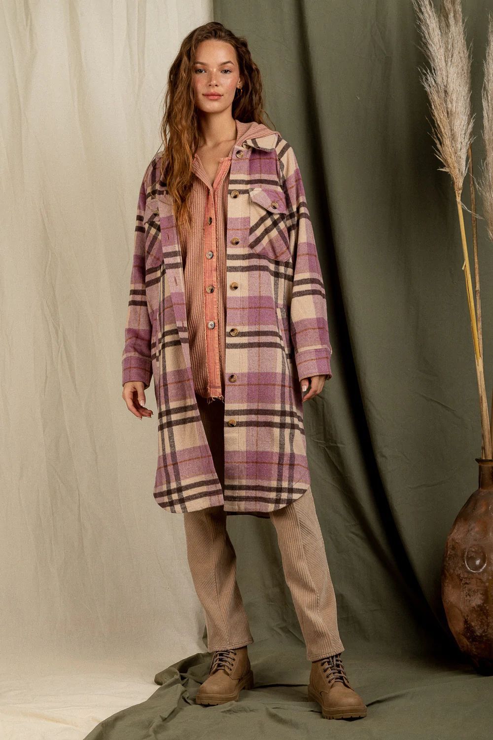 Checkered Lapel Pocket Long Coat