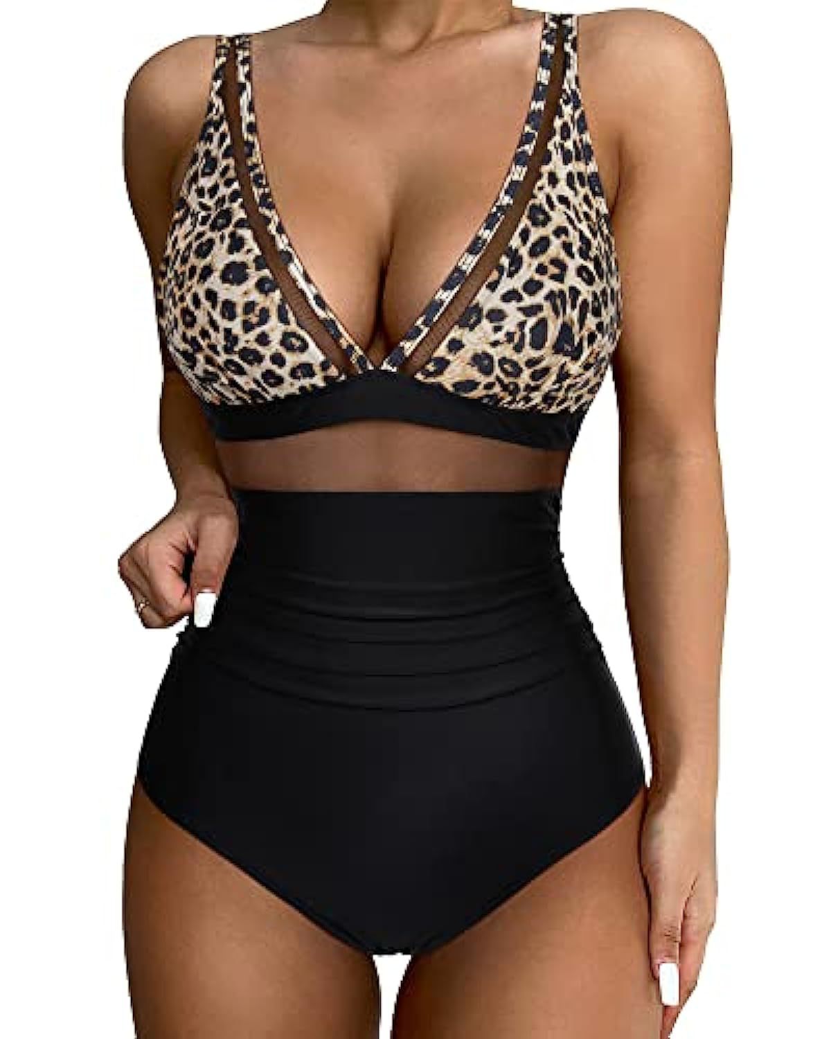 Leopard Mesh Insert V Neck High Waist Monokini