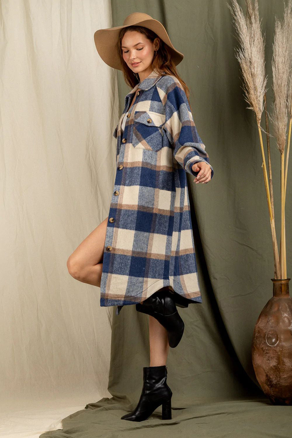 Checkered Lapel Pocket Long Coat