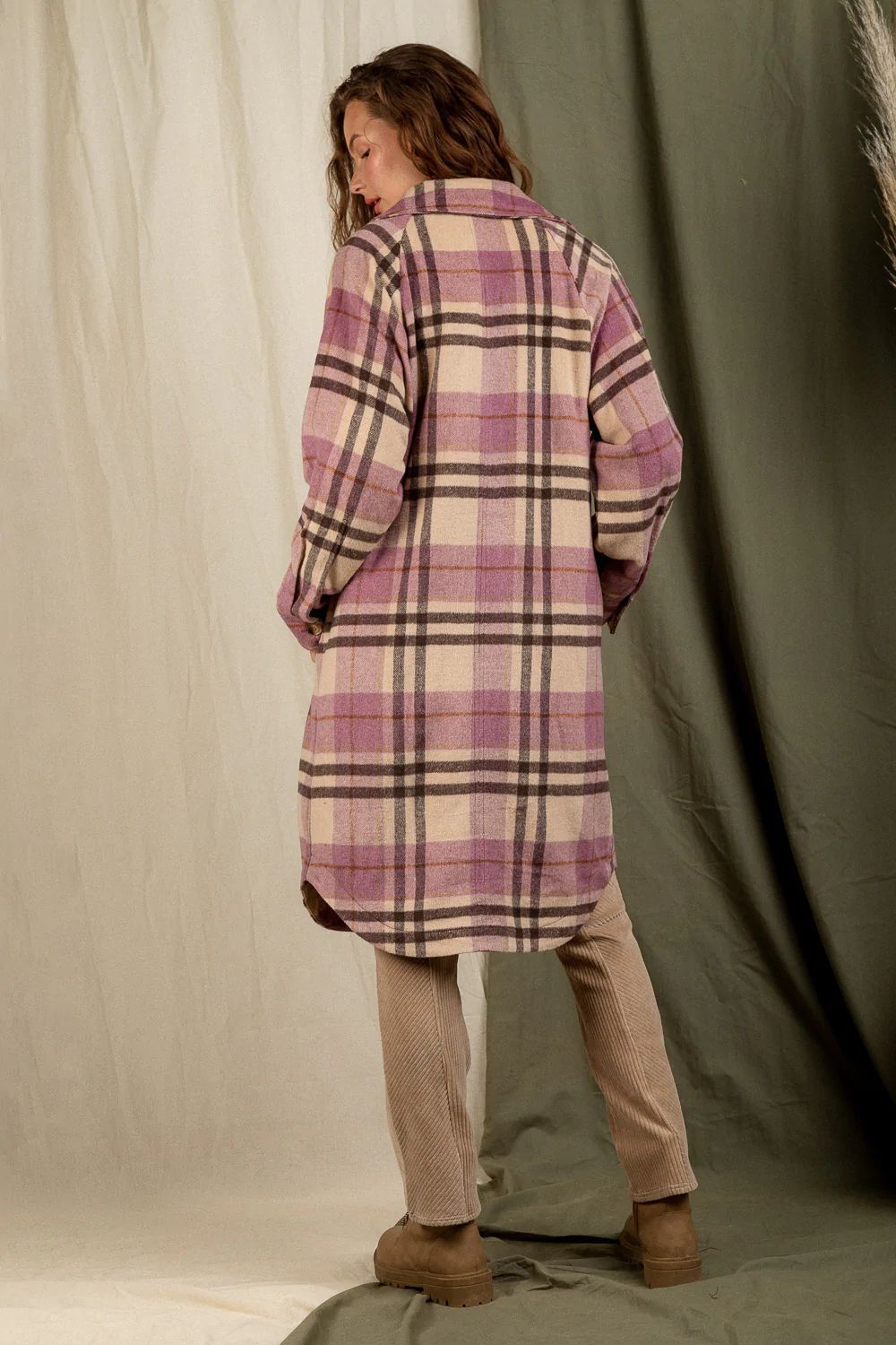 Checkered Lapel Pocket Long Coat