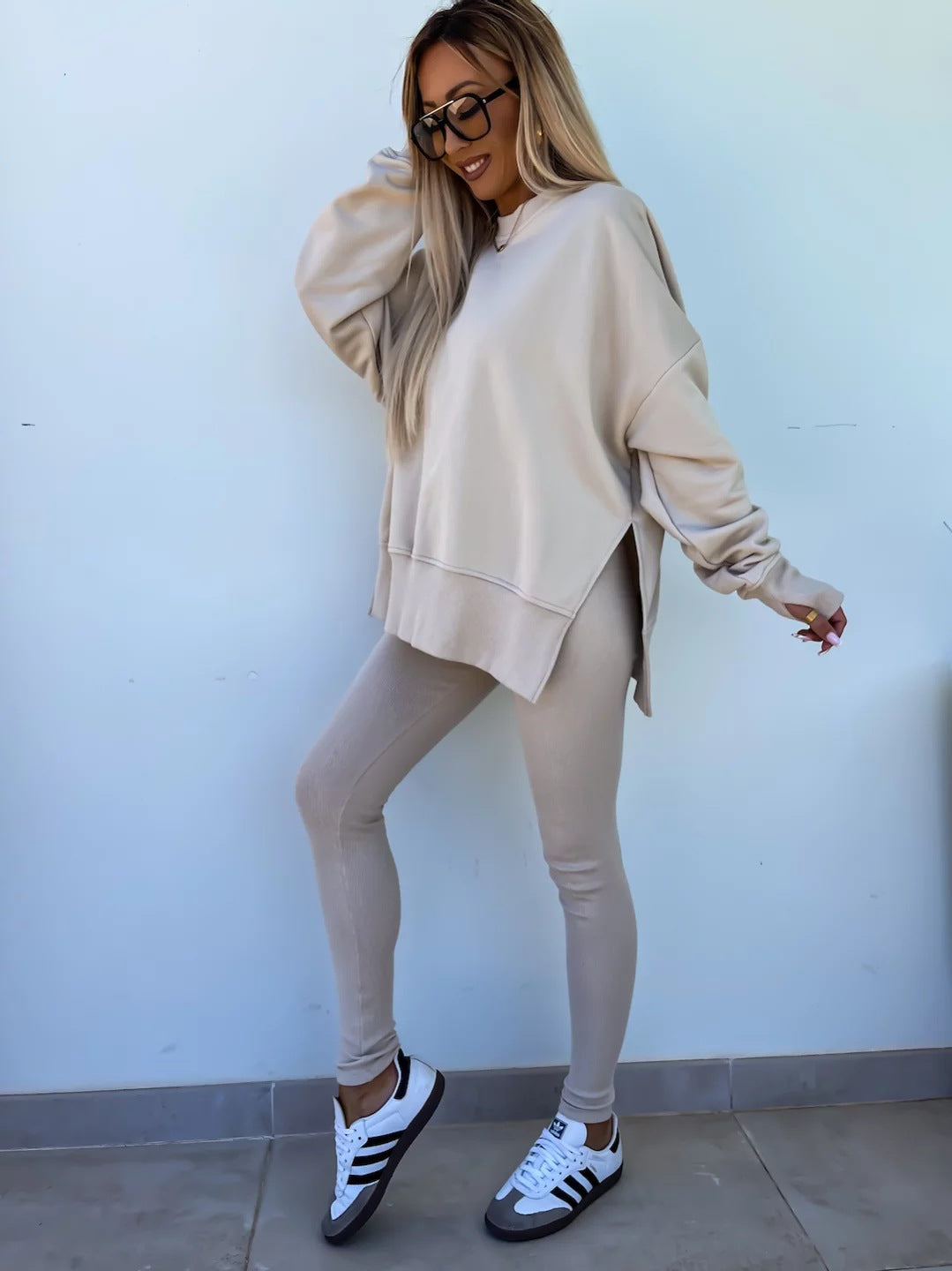 Solid Sweatshirt + Leggings Set