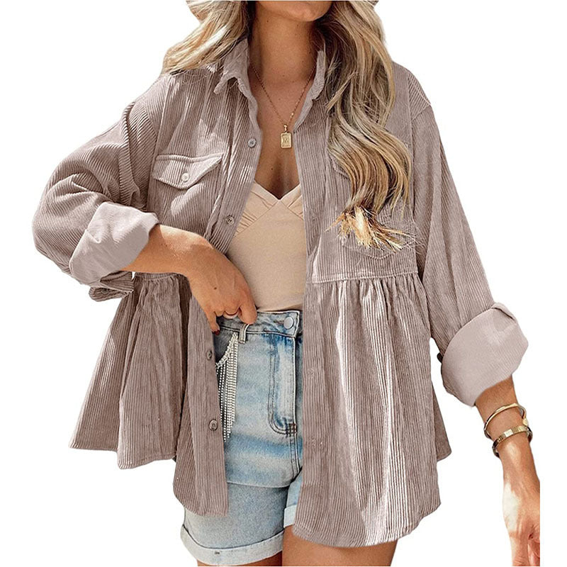 Corduroy Ruffle Sleeve Button Shirt Jacket