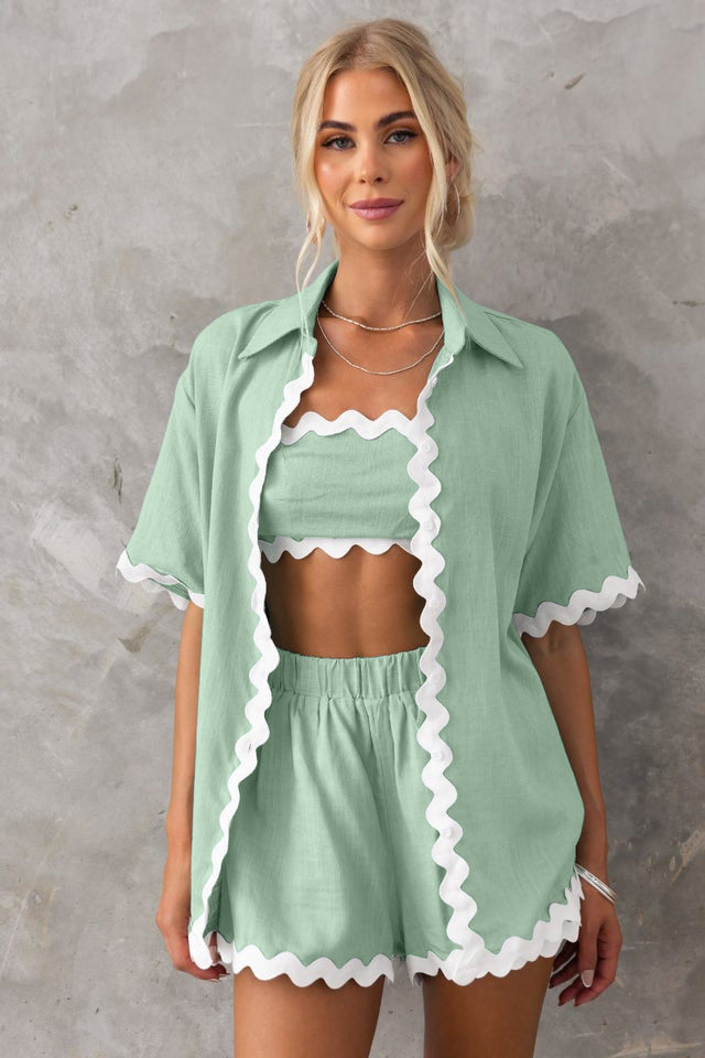 Wave Pattern Solid Shirt Top + Shorts Set