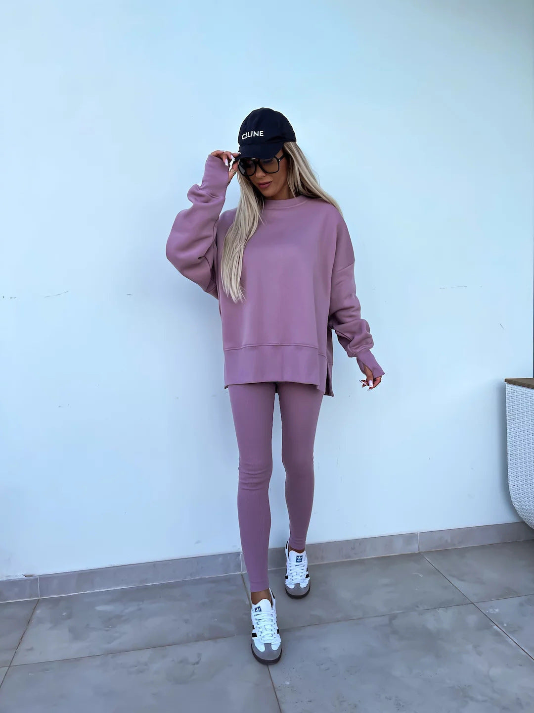 Solid Sweatshirt + Leggings Set