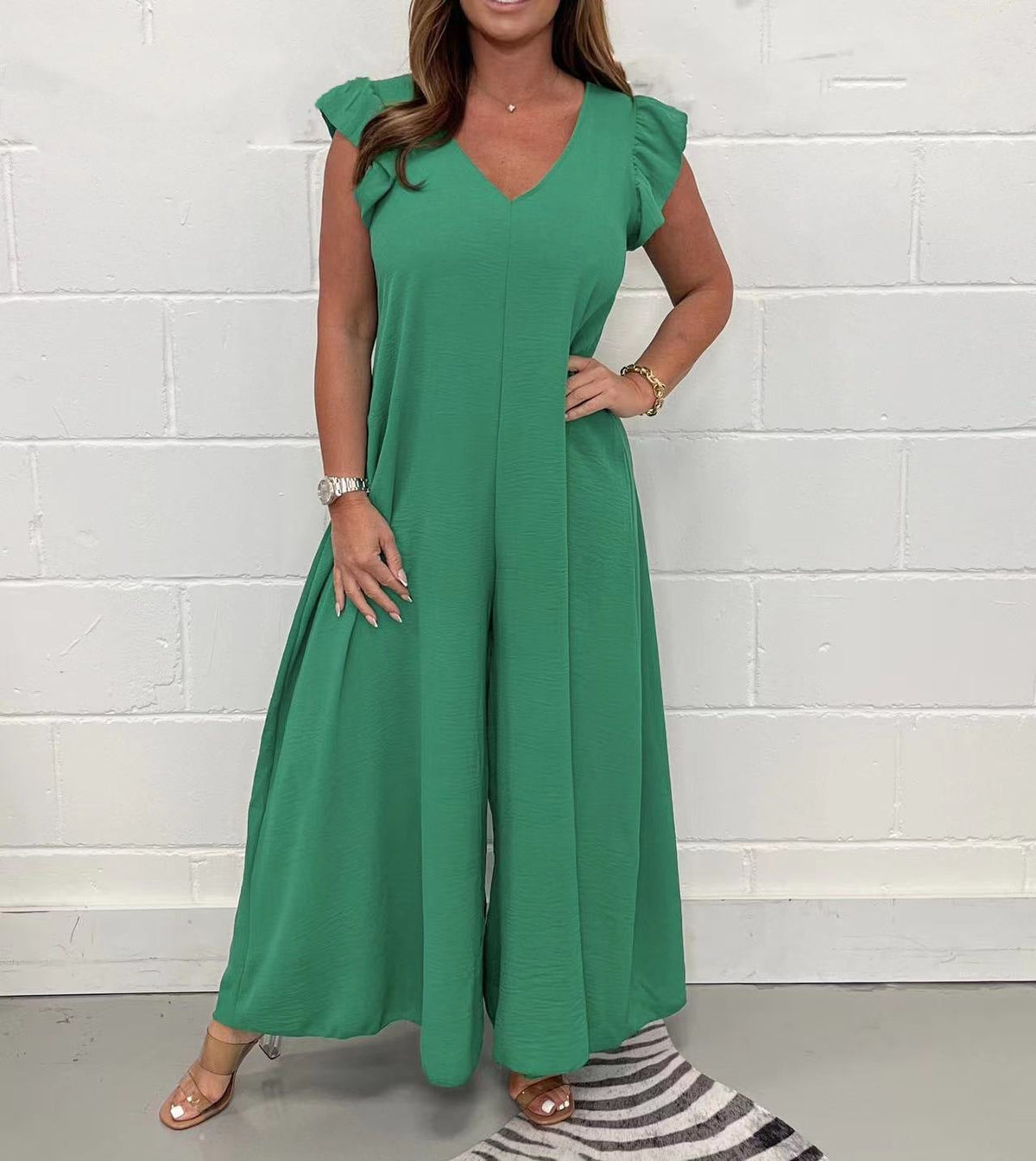 V-neck Ruffle Sleeve Wide-leg Jumpsuit