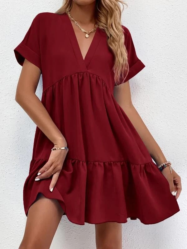 Solid V-neck Mini Dress