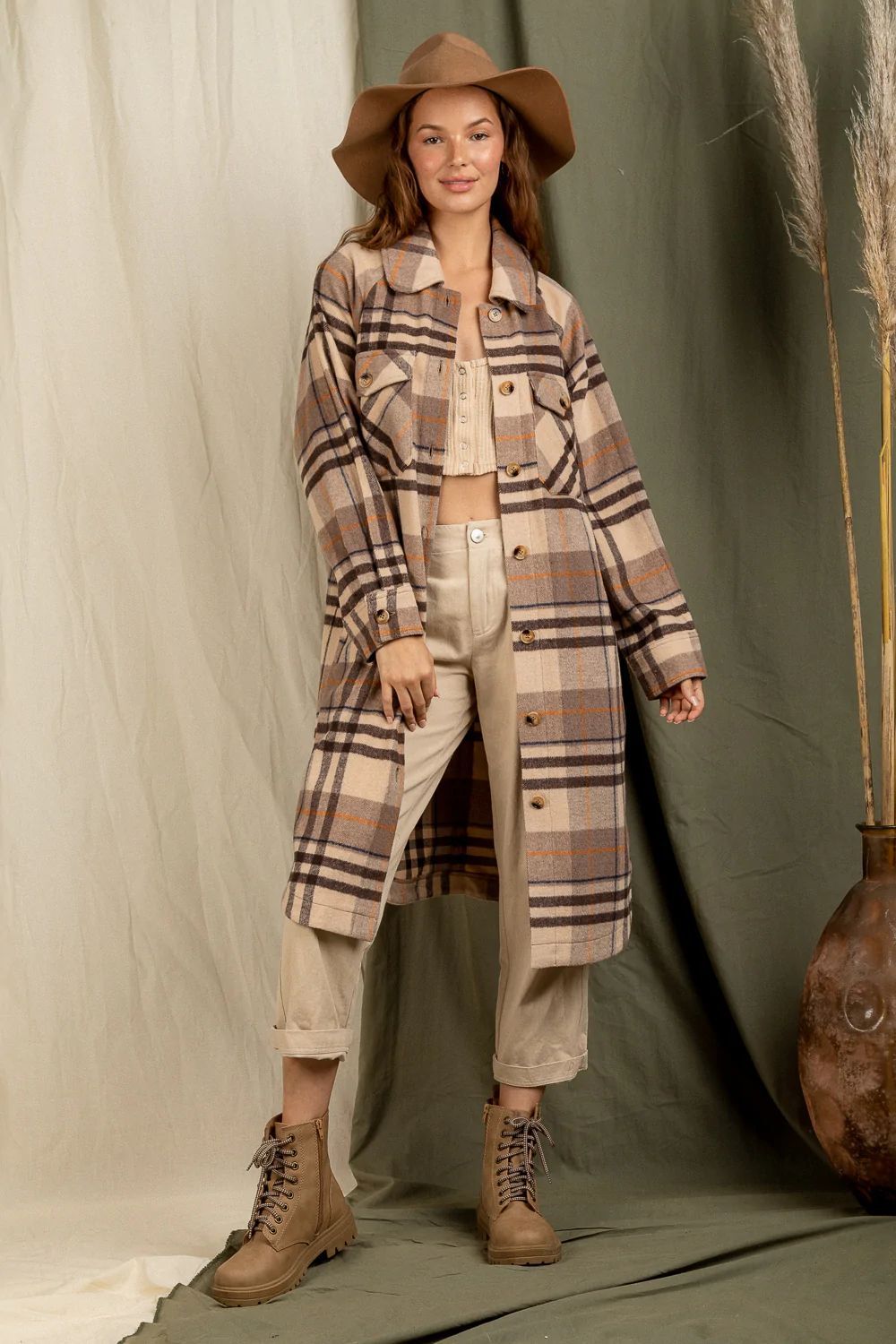 Checkered Lapel Pocket Long Coat