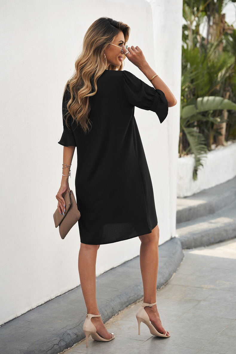 Notched Neck Flounce Sleeve Tunic Dress