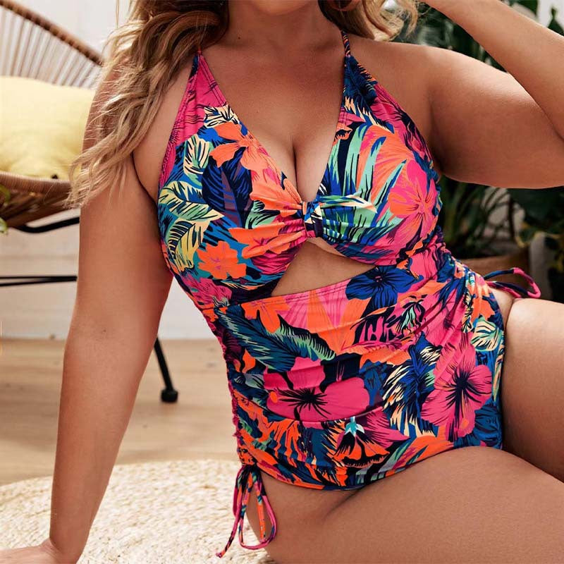 Plus Size Floral Hollow One-piece Swimsuit